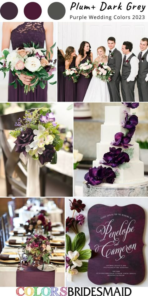 Plum And Hunter Green Wedding, Dark Grey Groom Suit, Wedding Bouquets Dark, Eggplant Wedding Colors, Color Schemes Purple, Purple Different Shades, Plum Wedding Cake, Plum Wedding Dresses, Dark Grey Wedding