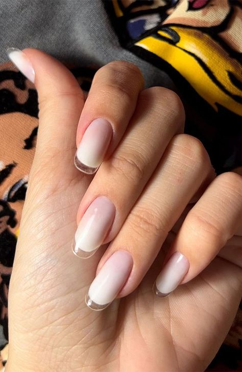 Glass French Nails, Blush Ombre Nails, Clear Tip Nails, Clear French Nails, French Glass Nails, Glass Manicure, Nails Inspo Aesthetic, Nails French Manicure, Nails Model