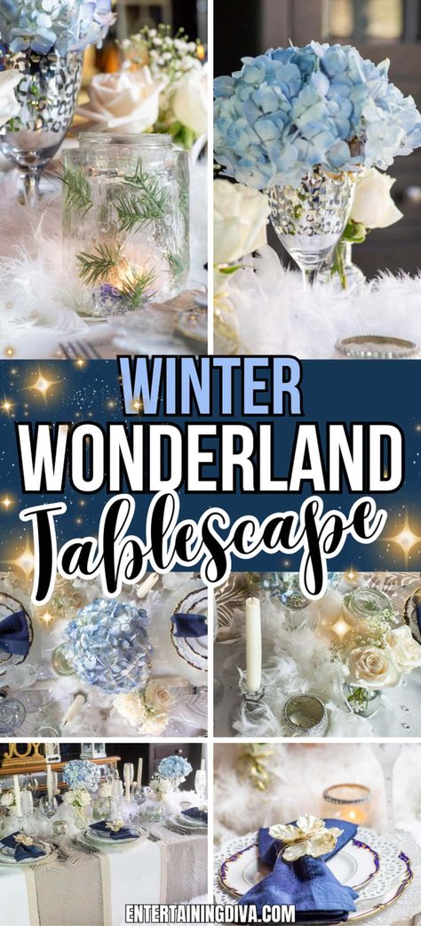 Winter Wonderland Tablescape | Holidays and events Snowflake Centerpieces For Table, Winter Wonderland Centerpieces For Table, Snow Themed Centerpieces, Blue And Silver Tablescapes, Winter Ball Centerpieces, Winter Theme Table Decor, Winter Theme Dinner Party, Winter Wonderland Table Decor, Winter Wonderland Dinner Party