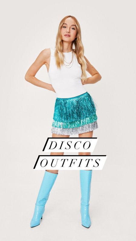 Disco Dance Outfit Ideas, Diy Disco Outfit Ideas, Jungle Disco Outfit, Disco Costume For Women Diy, Bachelorette Disco Outfit, Disco Outfit Accessories, Blue Disco Bachelorette, Summer Disco Outfit, Womens Disco Outfit