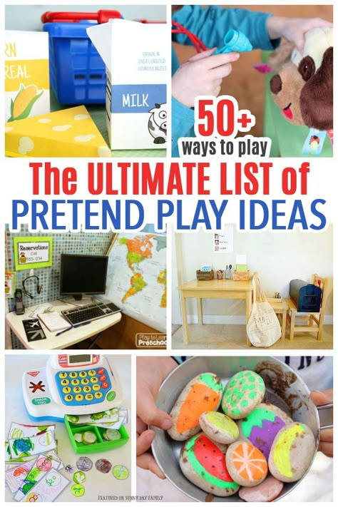 Pretend play ideas for kids including dramatic play, props, costumes and more! #pretendplay #dramaticplay #preschool #forkids Childminding Activities, Pretend Play Ideas, Play Ideas For Kids, Dramatic Play Activities, Dramatic Play Themes, Toddler Games, Purposeful Play, Play Props, Dramatic Play Preschool