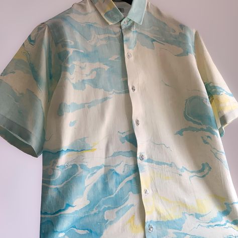 New in! Erised Hand Marbled Cotton Shirt Shop Now At www.erisedind.com #Erised #erisedpret #wearableart #cottonshirts #newin #instagram #styling #cotton Peaceful Day, Beige Shorts, Open Sky, Clear Blue Sky, Clear Sky, The Calm, Collar Shirt, Mens Streetwear, Blue Shirt