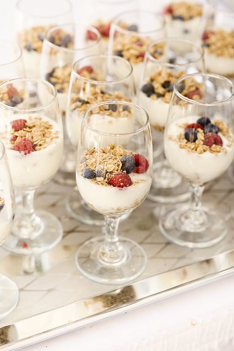 Yogurt Parfait In Champagne Glasses, Bridal Shower Parfait Bar, Brunch Parfait Cups, Yogurt Parfait Bar Buffet, Mimosa Bar Ideas Brunch Party, Food In Cups, Bridal Party Themes, Engagement Food, Boho Tea Party