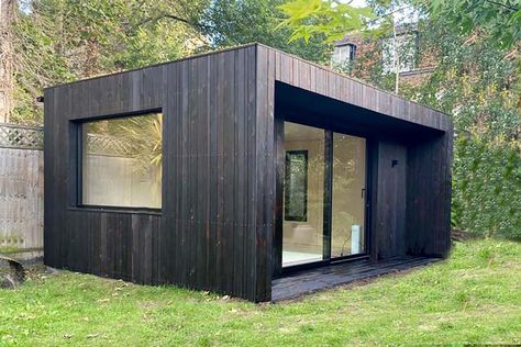 Tiny House Black, Garage Suite, Cool Sheds, Cabin Office, Larch Cladding, Garden Pods, Garden Cabins, Cedar Roof, Room Gym