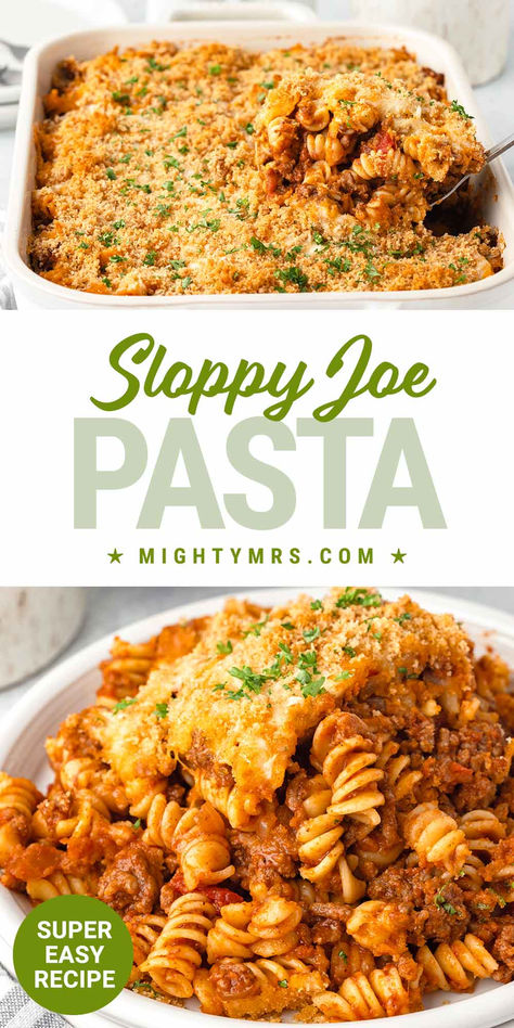 Sloppy Joe Pasta Casserole Sloppy Joe Pasta Recipe, Cheesy Sloppy Joe Pasta, Rotini Pasta Bake, Sloppy Joe Pasta, Sloppy Joes Pasta, Cheap Dinners For A Family, Dinner For A Crowd, Cheesy Baked Pasta, Easy Main Course Recipes