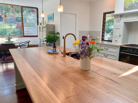 How stunning is this Tassie Oak Timber Benchtop! It of course helps that the client has done such a fabulous job on their reno. What a pleasure to install our work into such a beautiful home. ❤️  If you're thinking of something different for your benchtop, consider timber to add warmth to your home. Get in touch for a free quote on 07 3352 3485 Showroom & Joinery: 78 Farrington Street, Alderley, Brisbane, #benchtop #kitchenbenchtop #kitchenbench #timberbench #tasmanianoak #tassieoak Wooden Benchtop Kitchen, Timber Benchtop Kitchen, Farmhouse Coastal Kitchen, Wooden Benchtop, Kitchen Palette, Timber Benchtop, Taupe Kitchen, White Cupboards, Timber Kitchen