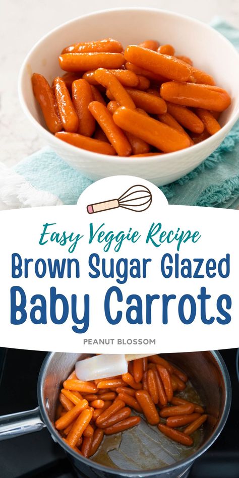 This sweet and easy glazed baby carrots recipe is a delicious vegetable side dish for a weeknight dinner but is right at home on your holiday table for Thanksgiving or Christmas. Butter brown sugar glaze with a hint of ginger is a perfect way to spice up a bag of baby carrots. Glazed Baby Carrots Recipe, Baby Carrots Side Dish, Carrots With Brown Sugar, Baby Carrots Recipe, Glazed Baby Carrots, Christmas Butter, Baby Carrot Recipes, Carrots Side Dish, Peanut Gallery