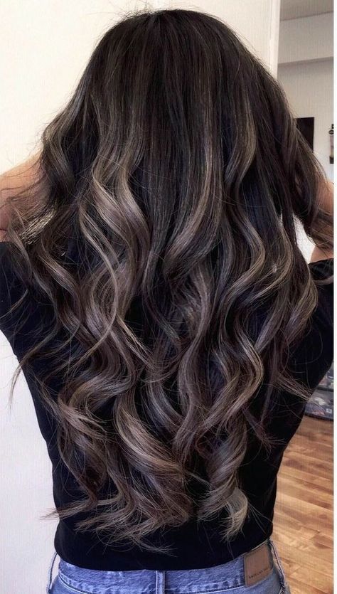 Inside Highlights Hair, Dark Hair With Blended Highlights, Dark Brown Hair Gray Highlights, Full Highlight On Black Hair, Soft Black Hair With Dimension, Low Lights For Black Hair Natural, Baylage Hair Black Hair, Dark Hair Ash Balayage, Black With Lowlights