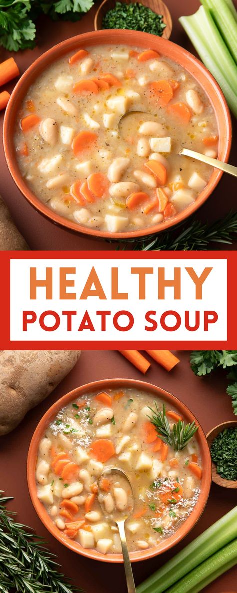 white bean and veggie potato soup bowls Heart Healthy Potato Soup, Potato Soup Recipe Healthy, White Bean And Potato Soup, Healthy Potato Soup Recipes, Potato Bean Soup, Potato Vegetable Soup, Potato Soup Healthy, Bean And Potato Soup, Gluten Free Soup Recipes