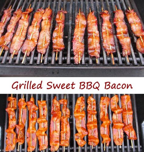 This grilled sweet BBQ bacon takes candied bacon to a whole new fantastic place. The bacon gets ‘happy’ overnight in an off-the-shelf marinade, getting infused with slightly sweet BBQ flavors. Skewered and onto the grill over indirect heat until just starting to get golden brown. Any more and the marinade will caramelize. Snack Stand, Smoker Grill, Bacon On The Grill, Bacon Appetizers, Bbq Bacon, Candied Bacon, Barbeque Grill, Food Appetizers, Bacon Recipes