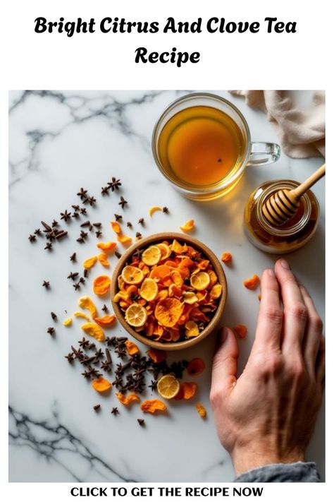 Cup of citrus and clove tea with a bowl of dried citrus slices, cloves, and a honey dipper on a marble surface. Clove Tea Recipes, Infused Recipes, Clove Tea, Dried Lemon Peel, Alternative Sweeteners, Dried Orange Peel, Dried Lemon, Honey Almonds, Chef Inspiration