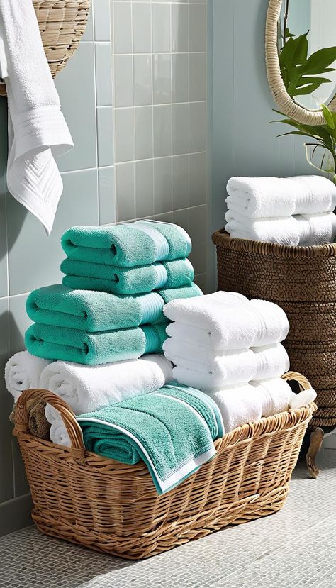 35 Ways to Decorate Your Bathroom with Towels - Interiorshape | Best Interior Design Ideas At your hands Basket Of Towels In Bathroom, Boho Towels Bathroom, Bathroom Towel Color Ideas, Bathroom Towel Colors, Bathroom Towel Decor Ideas, Decorative Bathroom Towels, Bathroom Towels Colors, Anik Anik, Kitchen Decor Trends