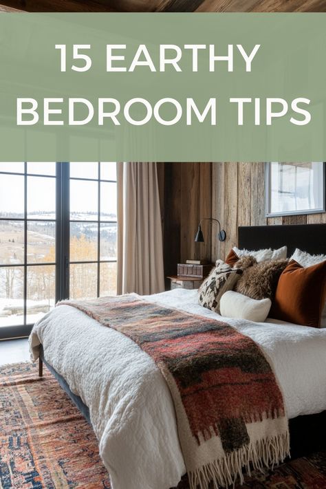 Get a stunning earthy bedroom with these tips and ideas. Earth Tones Master Bed, Warm Earthy Bedroom, Cozy Earthy Bedroom, Bedroom Bedding Ideas, Simple Dresser, Bedrooms For Couples, Earthy Bedroom, Bedroom Tips, Cozy Rugs