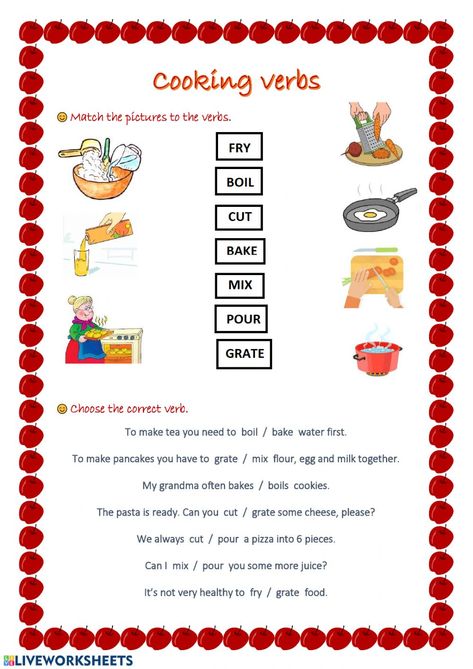 Cooking vocabulary interactive activity for Beginner. You can do the exercises online or download the worksheet as pdf. Cooking Vocabulary Worksheets, Cooking Verbs Worksheet, Cooking Worksheets For Kids, Cooking Vocabulary English, Cooking Activities For Kids, Cooking Vocabulary, Cooking Verbs, Food Worksheet, Imperative Sentences