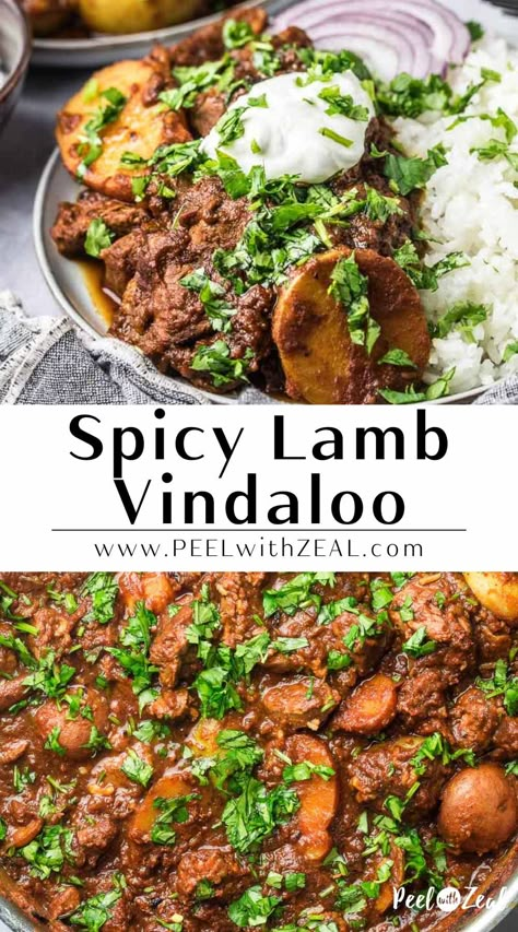 This spicy lamb vindaloo recipe is a traditional curry from the Goan region of India. Made with a paste of spices, dried chilis, and vinegar, this restaurant-style Indian recipe is incredibly easy to make at home. Without much effort, and no hard to find ingredients, lamb vindaloo is great Indian recipe for home chefs. Loads of flavor, not much work. Naturally gluten and dairy free, this curry recipe will definitely be on your make again list. Lamb Curry Recipes Indian Easy, Lamb Asian Recipes, Beef Vindaloo Recipe Indian, Spicy Lamb Curry, Indian Ground Lamb Recipes, Lamb Vindaloo Recipe Indian, Indian Food Recipes Lamb, Lamb Indian Recipes, Lamb Recipes Indian