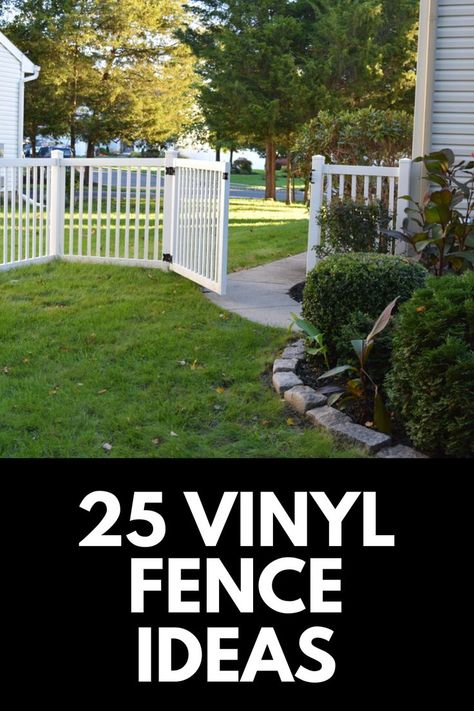 Vinyl fences look great and are easy to clean! Here, we share 25 vinyl fence ideas for your front or backyard! Read more at OwnTheYard.com! Home Fencing Ideas, Fenced Patio, Vinyl Fence Ideas Front Yard, Fence Ideas For Small Yard, Short Backyard Fence, Vinyl Fence On Sloped Yard, White Fencing Backyard, Gray Fence Backyard, White Fencing Ideas