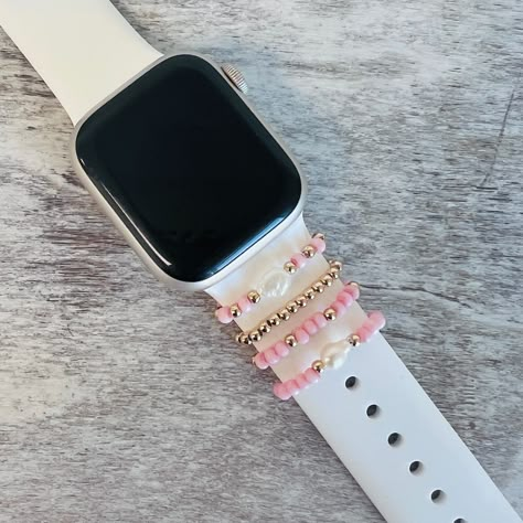 Band Bling 4pc Stack Beaded Pearl Multiple Co Watch Decoration Ideas, Diy Watch Charms, Apple Watch Beaded Bands, Cute Watch Bands, Samsung Watch Aesthetic, Apple Watch Bracelet Stack, Pearl Beads Ideas, Apple Watch Band Charms, Apple Watch Charms