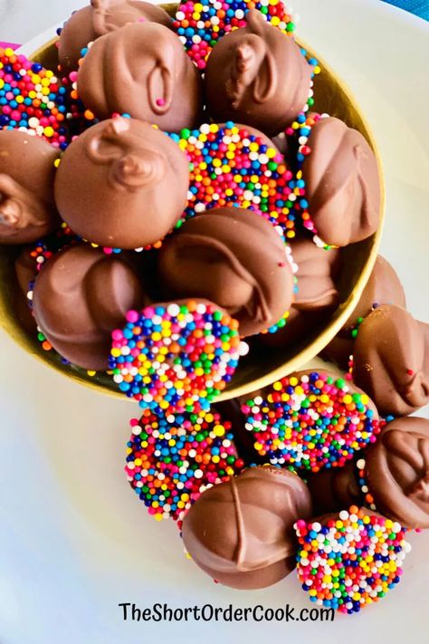 Chocolate Nonpareils Candy - The Short Order Cook Easy Chocolate Candy Mold Recipes, Chocolate Candy Coating Recipe, Chocolate Nonpareils, Homemade Chocolate Candy Molds, Chocolate Bonbons Filling, Making Chocolate Candy In Molds, Food Vibes, Making Candy, Sweet Treats Desserts