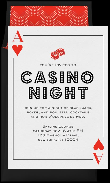 Ace of Hearts by Patrice Horvath Design | Greenvelope.com Poker Night Invitation, Casino Royale Gala, Casino Graphic Design, Poker Invitation, Casino Invitations, Playing Card Invitation, Cocktail Book Design, Casino Night Invitations, Casino Birthday Party