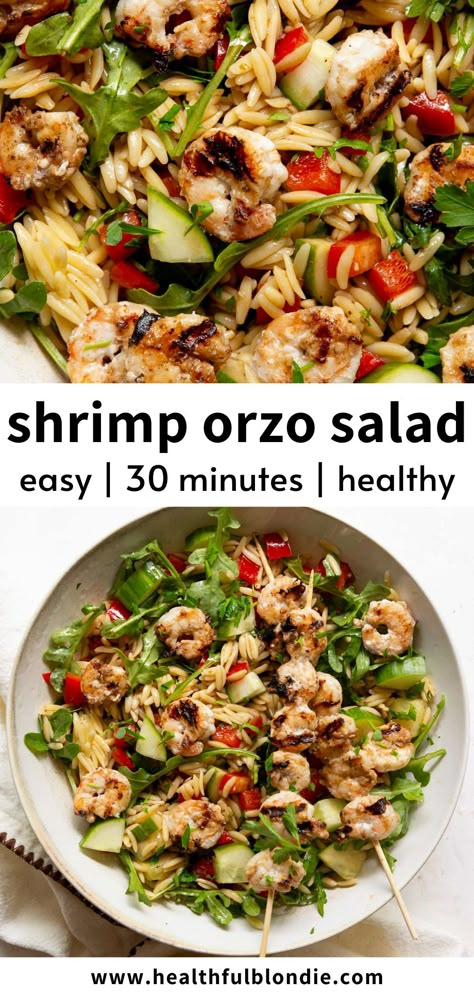 This shrimp orzo salad is perfect for summer—it's healthy, high in protein, and so easy to make. The orzo is tossed in a tangy Italian balsamic dressing and topped with fresh, crunchy veggies and juicy shrimp. You can grill or bake the shrimp! Salads With Seafood, Shrimp And Pasta Salad Recipes, Healthy One Pot Pasta Recipes, Shrimp Lunch Recipes, Recipes Using Salad Shrimp, Shrimp Orzo Recipes, Healthy Orzo Salad, High Protein Orzo Salad, Salads With Protein