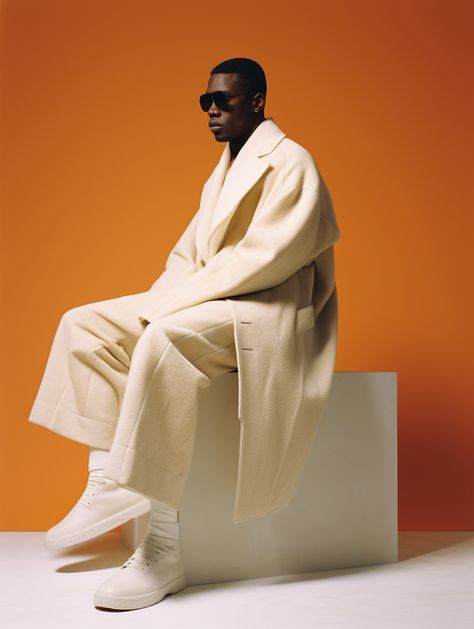 #BlackMan #WhiteCube #JilSanderEditorial #BeigeTones #OrangeTones #Fashion #ModernAttire #TheCandie Jil Sander Editorial, Inspirational Digital Art, Orange Tones, Man Sitting, Black Man, Black Men Fashion, Fashion Editorial, Jil Sander, In Fashion