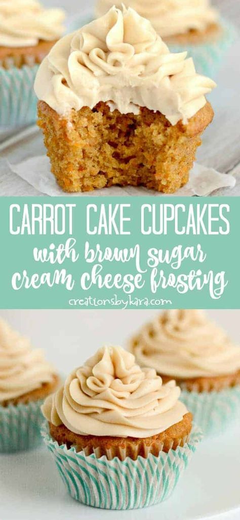 Best ever Carrot Cake Cupcakes - if you love carrot cake, you have to try these cupcakes! Brown sugar cream cheese frosting makes them out of this world scrumptious! #carrotcakecupcakes #carrotcake #cupcakes #brownsugar #creamcheesefrosting #brownsugarcreamcheesefrosting #creationsbykara #cupcakerecipe Mm Cupcakes, Best Ever Carrot Cake, Brown Sugar Cream Cheese Frosting, Mousse Au Chocolat Torte, Butter Cream Cheese Frosting, Moist Carrot Cakes, Carrot Cake Cupcakes, Carrot Cupcakes, Best Carrot Cake