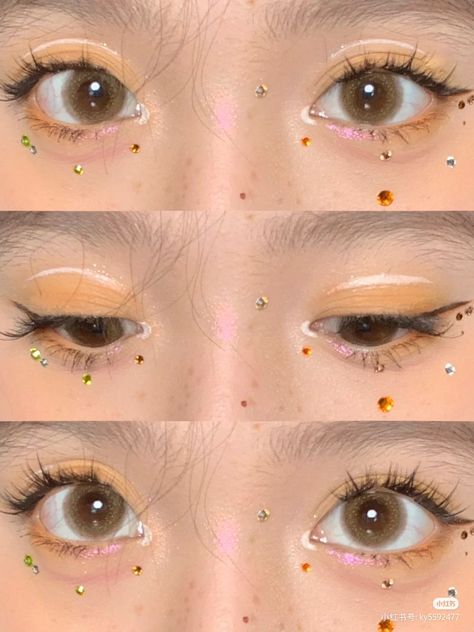 Sparkly Douyin Makeup, Douyin Glitter Makeup, Gold Eye Makeup Douyin, Glittery Korean Makeup, Douyin Glitter Eye Makeup, Yellow Makeup, Kawaii Makeup, Doll Eye Makeup, Cute Eye Makeup