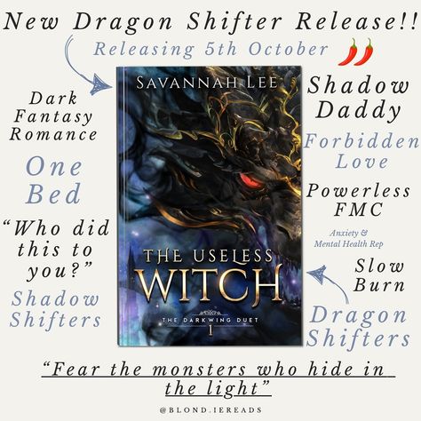 🔥“Fourth Wing if Xaden was a dragon shifter”🔥 📖:The Useless Witch by @savannahleeauthor 📚:The Darkwing Duet (Book One) 🌶️:Mild-Moderate 🧚:Dark Fantasy Romance 📄:275 Pages ✨Currently only $1.99 for Preorder until Release Day✨ PURCHASE LINK: https://linktr.ee/authorsavannahlee SYNOPSIS: My entire life, I’ve feared the Darkwings. Shadow-wielding monsters with red eyes who flay the skin from the bones of any magical being that dare cross their path. A story Lightlace witches told to their... Spice Books, Dream Bookshelf, Shifter Romance Books, Dragon Shifter, Bookish Content, Fairytale Romance, Book Tropes, Books Recommendations, Wings Book