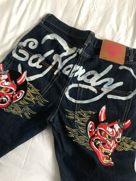 Edhardy Jeans, Bape Pants, Graphic Jeans, Evisu Jeans Outfit, Bape Jeans, Ed Hardy Jeans, Evisu Jeans, Ed Hardy Designs, Vintage Trousers