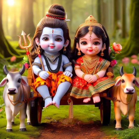 Cute Shiv Parvati, Shiv Parvati Cartoon, Bal Shiv, Hanumanji Images, Little Kanha Ji Images, Bullock Cart, Shiv Parvati, Cute Human, Baby Ganesha