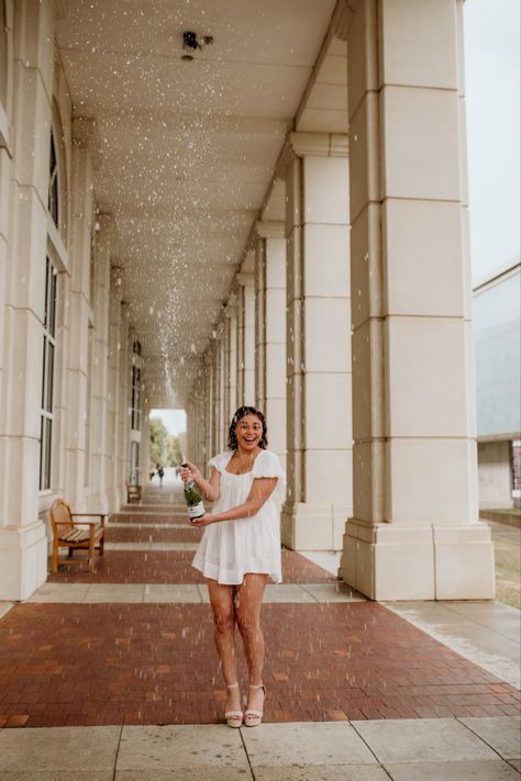 Grad Picture Ideas Champagne, Graduation Photoshoot Champagne, College Graduation Pictures Confetti, College Grad Photoshoot Champagne, White Coat Ceremony Photos, Future College Senior Pictures, Graduation Photos Champagne, Grad Photos Champagne, Graduation Pictures With Champagne