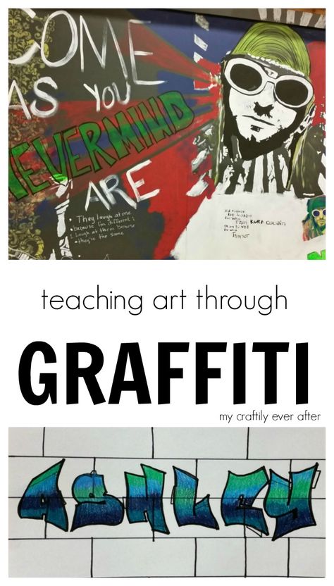 I work with middle school kids and sometimes it is hard to generate a lot of excitement about art, however our study of graffiti was not that way! We started the week with a short video about the history of graffiti and followed it with a really amazing conversation on the difference between art and Quick Art Lessons For Middle School, Graffiti Art Projects Middle School, Middle School Art History Projects, Graffiti Art Project, Graffiti Art For Kids, Middle School Art Curriculum, 7th Grade Art Projects Middle School, Graffiti Art Lesson, Art History Activities