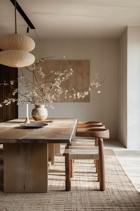 20 Japandi Dining Rooms That Blend Elegance and Simplicity! - My Decor Inspo Organic Modern Apartment Kitchen, Dining Room Wabi Sabi, Japanese Minimalism Interior, Dining Room Scandinavian Style, Japandi Coastal, Wabi Sabi Dining Room, Japandi Dining Room Design, Japandi Dining Room, Japandi Dining