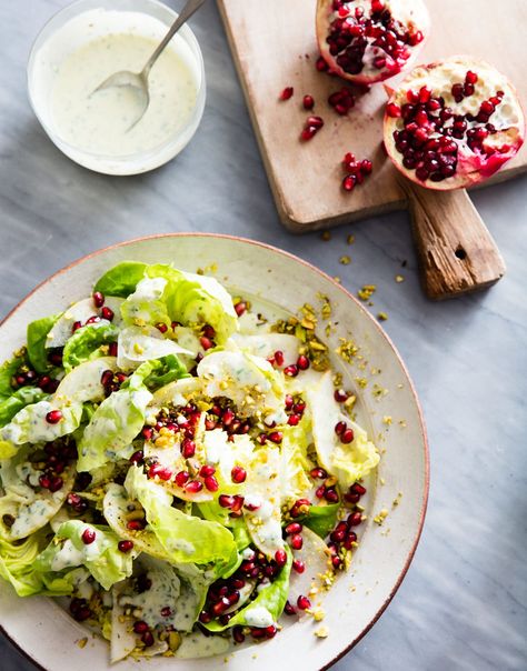 Butter Lettuce Salad with Asian Pears, Pistachios, and Pomegranate Seeds - Amanda Haas Cooks Butter Lettuce Salad, Asian Pears, Thanksgiving Salad Recipes, Thanksgiving Spread, Pistachio Salad, Thanksgiving Salad, Pomegranate Recipes, Butter Lettuce, Pomegranate Salad