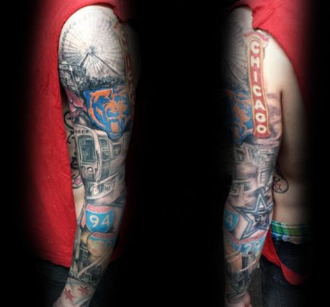 50 Chicago Flag Tattoo Designs For Men - Illinois Ink Ideas Chicago Sleeve Tattoo, Chicago Tattoo Ideas Men, Chicago Sports Tattoo, Chicago Tattoo Ideas, Chicago Flag Tattoo, Chicago Bears Tattoo, Chicago Skyline Tattoo, Bears Tattoo, Town Tattoo