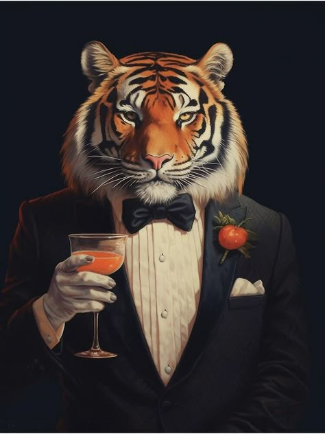 "Cheerrrs! Cocktail Safari - Wildcats and Mixology" Art Print for Sale by MajesticBeasts | Redbubble Animals In Clothes Art, Inkless Printer, Suit Art, Lion Artwork, Rich Art, Lion Costume, Interior Artwork, Animal Portraits Art, Boys Sticker