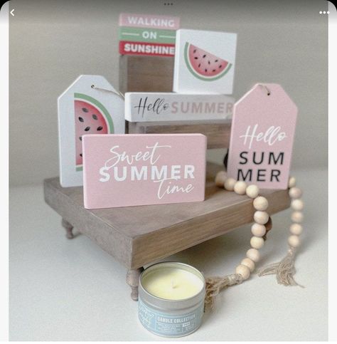 Diy Subscription Box, Stacked Blocks, Craft Themes, Farmhouse Summer Decor, Tiered Tray Stand, Summertime Decor, Coffee Cabinet, Stencils For Wood Signs, Tiered Tray Diy