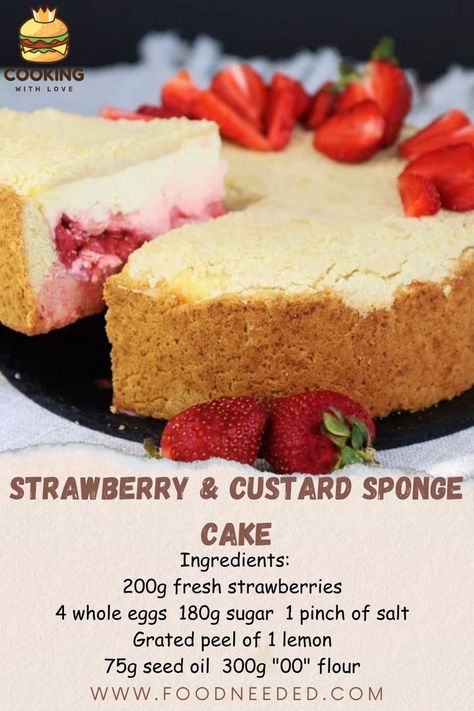 Easy Peasy Recipes - 🍓🍰 STRAWBERRY & CUSTARD SPONGE CAKE 🍰🍓 Looking for a delicious and simple dessert to make at home? This Strawberry and Custard Sponge Cake recipe is sure to make your mouth water! 🤤👩‍🍳 Ingredients: 200g fresh strawberries 🍓 4 whole eggs 🥚 180g sugar 🍬 1 pinch of salt 🧂 Grated peel of 1 lemon 🍋 75g seed oil 🌱 300g "00" flour 🍞 100g milk 🥛 8g baking powder 🧁 For the Custard Cream: 2 yolks 🥚🥚 200g milk 🥛 Vanilla extract 🌿 15g cornstarch 🌽 45g sugar 🍬 Preparation: In a saucepan, mix the egg yolks, sugar, and vanilla extract for the custard cream. Add cornstarch, hot milk, and thicken over the heat. In a separate bowl, mix the eggs with sugar and salt. Add lemon zest, seed oil, and milk. Sift in flour and baking powder, and mix well. Cut strawberries i Strawberry Custard Recipe, Custard Sponge Cake, Strawberry Custard, Recipes Strawberry, Sponge Cake Recipe, Dessert To Make, Cut Strawberries, Custard Cream, Easy Peasy Recipes