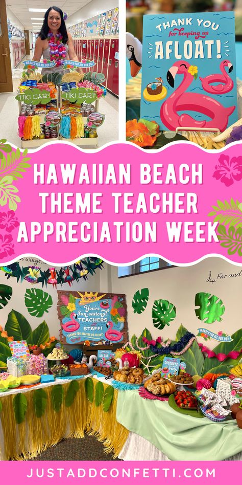 Say aloha to this fun PTA PTO Tropical Hawaiian Beach theme Teacher Appreciation Week. This post is full of creative beach ideas and fun ways to celebrate all of the teachers and staff at your school! Also, I've created a set of tropical beach teacher appreciation printables that are available in my Just Add Confetti Etsy shop. Be sure to head to justaddconfetti.com for even more teacher appreciation ideas and PTA PTO teacher luncheon ideas and themes! Tiki Riffic Teacher Appreciation, Teacher Appreciation Week Hawaiian Theme, Luau Staff Appreciation Ideas, Back To School Teacher Luncheon Themes, Hawaiian Teacher Appreciation Week, Under The Sea Teacher Appreciation Theme, Teacher Luncheon Themes, Beach Themed Teacher Appreciation, Staff Luncheon Ideas