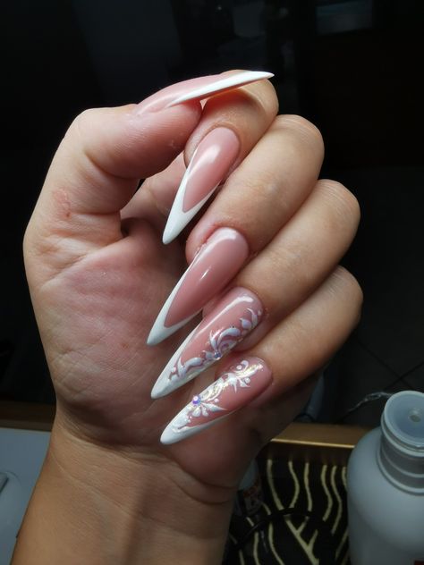 Elegant Wedding Nails For Bride White French Tip, Engagement Nails Long, Long Almond French Tip Nails With Design, French Nails White Classic, French Nails Design Elegant, Long Round Acrylic Nails, Stiletto Wedding Nails, French Manicure Stiletto Nails, French Tip Nails Stiletto