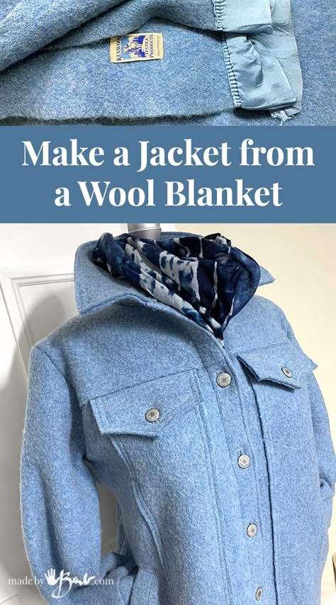 Vintage Wool Blanket Coat, Wool Jacket Sewing Pattern, Blanket To Jacket, Blanket Jacket Pattern, Wool Jacket Pattern, Wool Blanket Upcycle, Old Sweater Crafts, Blanket Coats, Restyle Clothes