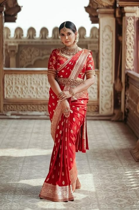 Sure, draping a saree is a huge task...but trying out experimental saree draping styles can prove to be a lot of fun! Here are some for your Sangeet or Cocktail parties. Engagement Dress For Bride Indian Simple, Red Blouse Design, Red Saree Wedding, Engagement Dress For Bride, Draping Styles, Lehenga Style Saree, Blouse Designs High Neck, Bridal Sarees South Indian, Simple Saree Designs