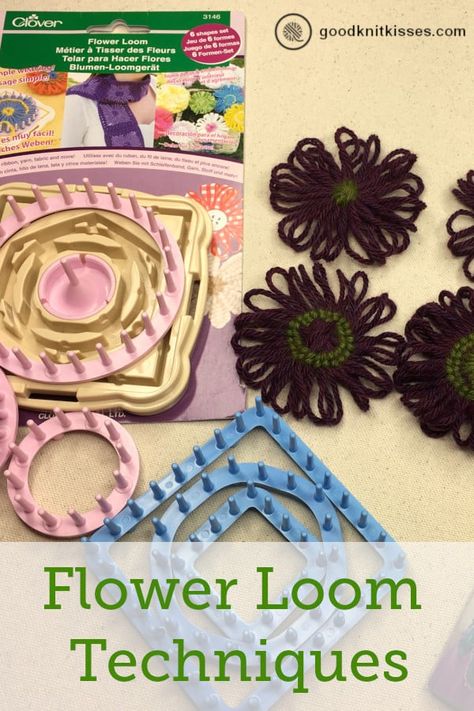 Clover Hana-Ami Flower Loom techniques: Make stunning loom knit flowers four ways. https://www.goodknitkisses.com/flower-loom-techniques/ #goodknitkisses #loomknit #loomknitting #crochet #knitting #knitflowers #diyflowers #yarnflowers Tricotin Long, Loom Flowers, Flower Loom, Knit Flowers, Loom Knitting Tutorial, Loom Scarf, Loom Crochet, Tapestry Loom, Round Loom