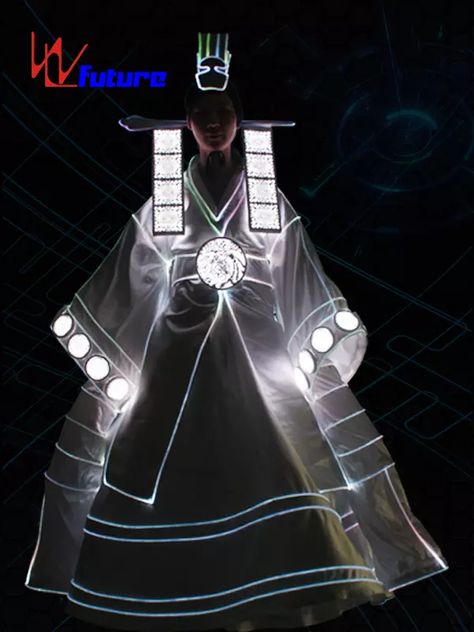 China Amazing Korea Style LED & Fiber Optic Dress Costume For Women Performance WL-0249 Manufacturer and Supplier | Future Creative Led Light Costume, Fiber Optic Dress, Engineer Costume, Led Jacket, World Of Wearable Art, Light Dresses, Led Costume, Robot Costumes, Led Clothing