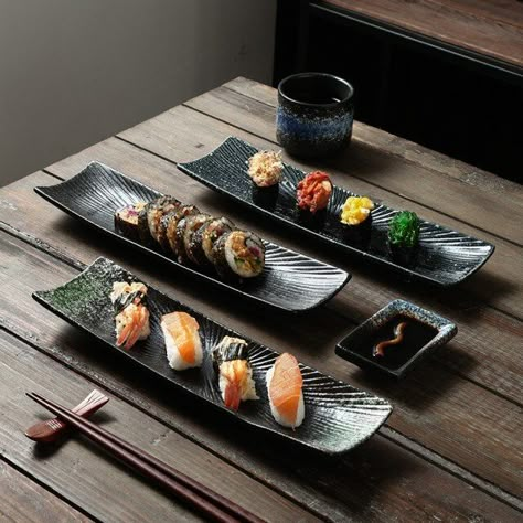 cuisine creative rectangular sushi plate sashimi plate cold dish plate Japanese ceramic plate retro restaurant strip plate _ - AliExpress Mobile Restaurant Dishes Plates, Japanese Plates Design, Siomai Food, Sushi Plates Ceramic, New Year Eve Dinner, Foto Sushi, Drinks Buffet, Omakase Restaurant, Sushi Table