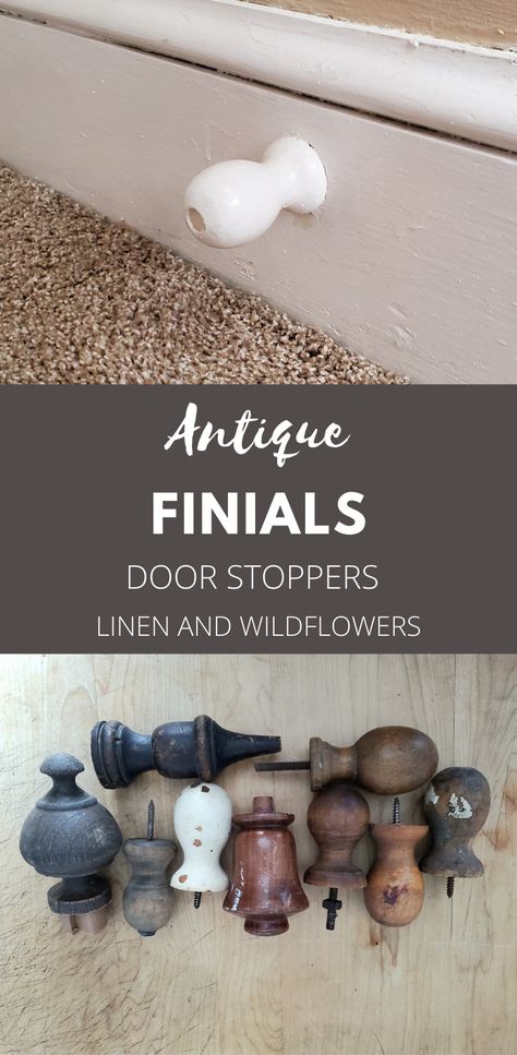 Curtain Rod Finials Diy, House Hardware, Cottage Windows, Finials For Curtain Rods, Door Stoppers, Vintage Details, Vintage Door, Brass Door, Door Stopper