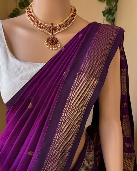 Www.thejacouture.in > Full Butta Traditional cotton silk saree > magenta cotton silk saree. . Saree Description: Magenta cotton silk saree with contrast zari border and butta all over. Comes with running blouse. Saree height: 46 inches. Saree length: 5.5 meters. Blouse : 80cm Care: Normal wash. priced: 1450/- INR For for details and query direct message us❤️. . #saree #sareelove #sareelovers #sareeblouse #sareefashion #sareedraping #sareepact #sareeblousedesigns #sareeinspiration #sare... Dark Purple Saree, Purple Cotton Saree, Netted Blouse Designs, Simple Saree Designs, Purple Saree, Net Blouses, Maroon Blouse, Cotton Silk Saree, Simple Sarees