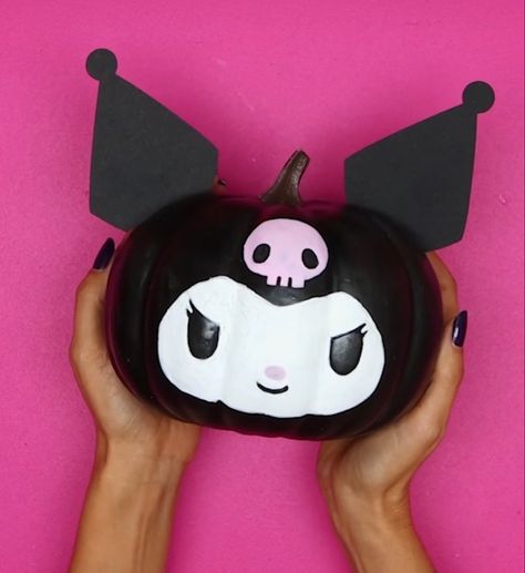 Sanrio Painted Pumpkin, Sanrio Halloween Pumpkin, Baddie Pumpkin Painting, My Melody Pumpkin Painting, Cute Halloween Painted Pumpkins, Halloween Pumpkins Paint, Painting On A Pumpkin Ideas, Emo Pumpkin Painting, Easy Small Pumpkin Painting Ideas