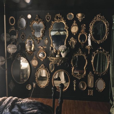 Dark Vintage Decor, Lots Of Mirrors On Wall, Wall Of Mirrors Ideas Living Room, Goth Accent Wall, Oddities Gallery Wall, Dark Academia Mirror Wall, Gothic Dressing Room, Dark Academia Mirror, Gothic Picture Wall