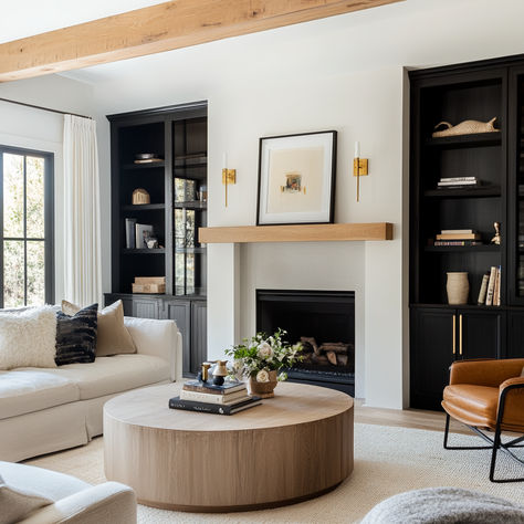 living room with a modern, minimalist aesthetic that combines timeless design elements with cozy touches. Get inspired by this bright and airy space, featuring neutral tones, leather furniture, and wooden accents, creating the perfect environment for relaxing and entertaining. 🌿✨  #InteriorDesign #HomeDecor #LivingRoomInspo #McGeeAndCoStyle #MinimalistDecor #CozyLiving #ModernHome #NeutralPalette #DesignInspiration #HomeStyling #DecorLovers Neutral Wood And Black Living Room, Black And White With Wood Accents Living Room, Black White Oak Living Room, Mixing Wood And Metal Living Room, Black Accent Interior Design, White Oak And Black Living Room, Neutral Masculine Living Room, Light Wood Black Accents, Black And Light Wood Living Room